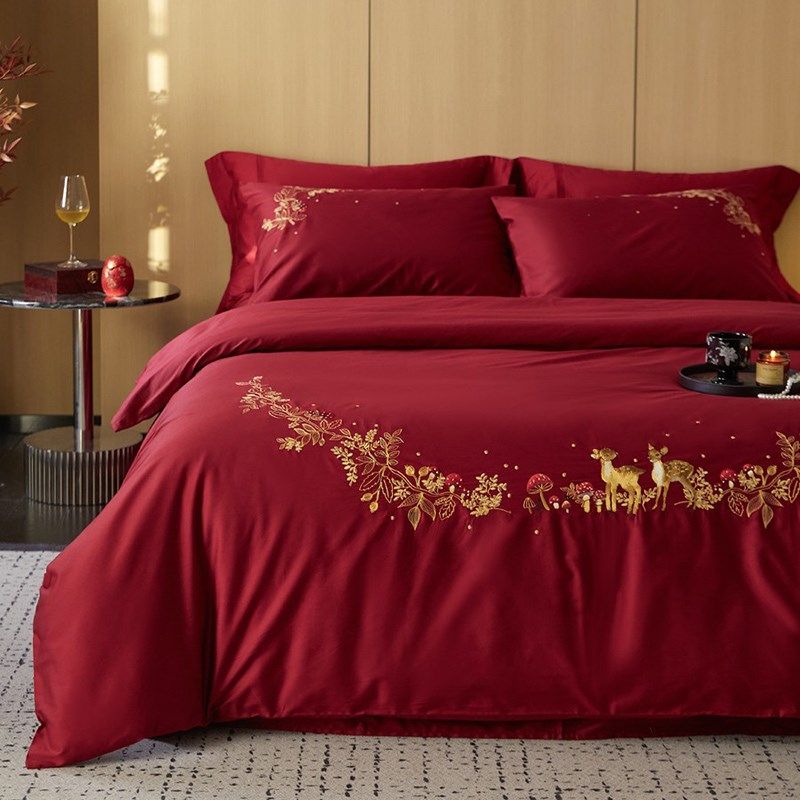 罗兰家纺高级感浪漫长绒棉结婚铺床上四件套全棉中式婚嫁红色喜被,床上用品,婚庆床品套件,淘宝优惠券,粉丝福利购,淘宝优惠卷