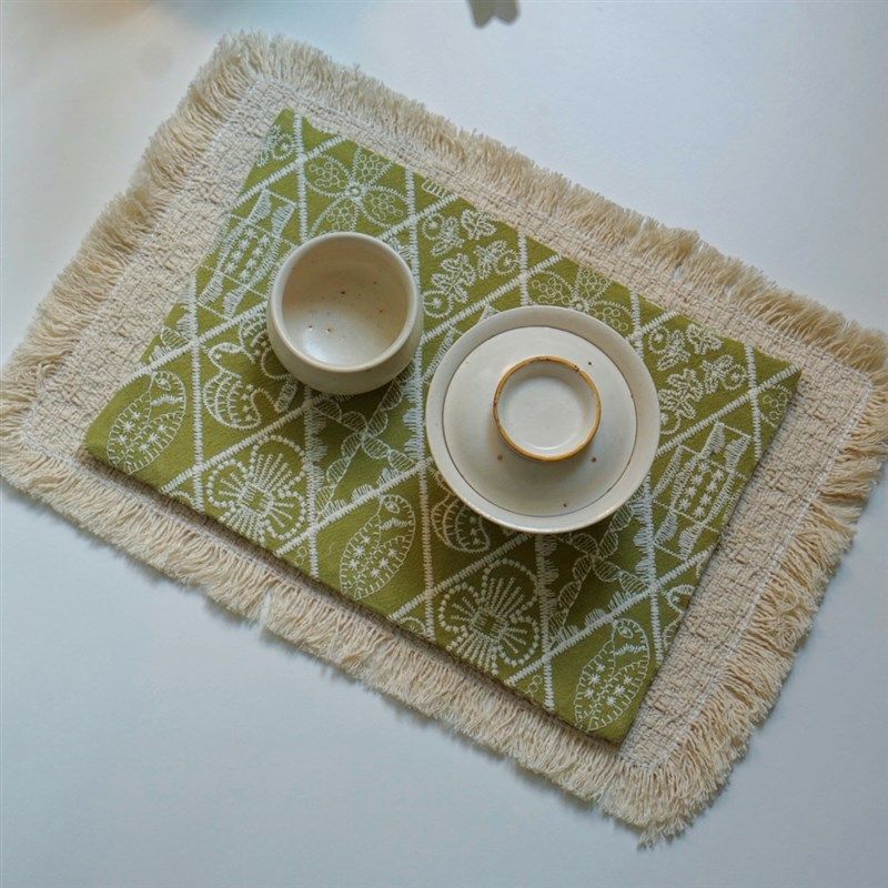 素采手工茶席 绿色飞鸟刺绣16*24+流苏垫22*32干泡茶席茶布茶垫,居家布艺,茶席,淘宝优惠券,粉丝福利购,淘宝优惠卷