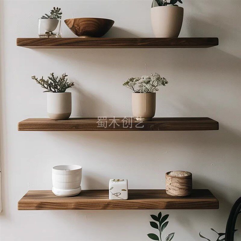 南美胡桃木桌面板实木挂墙吧台悬浮置物架一字壁挂新中式实木托架