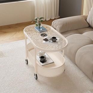 奶油风可移动茶几小户型客厅家用沙发边几桌带轮床头玻璃推车茶几