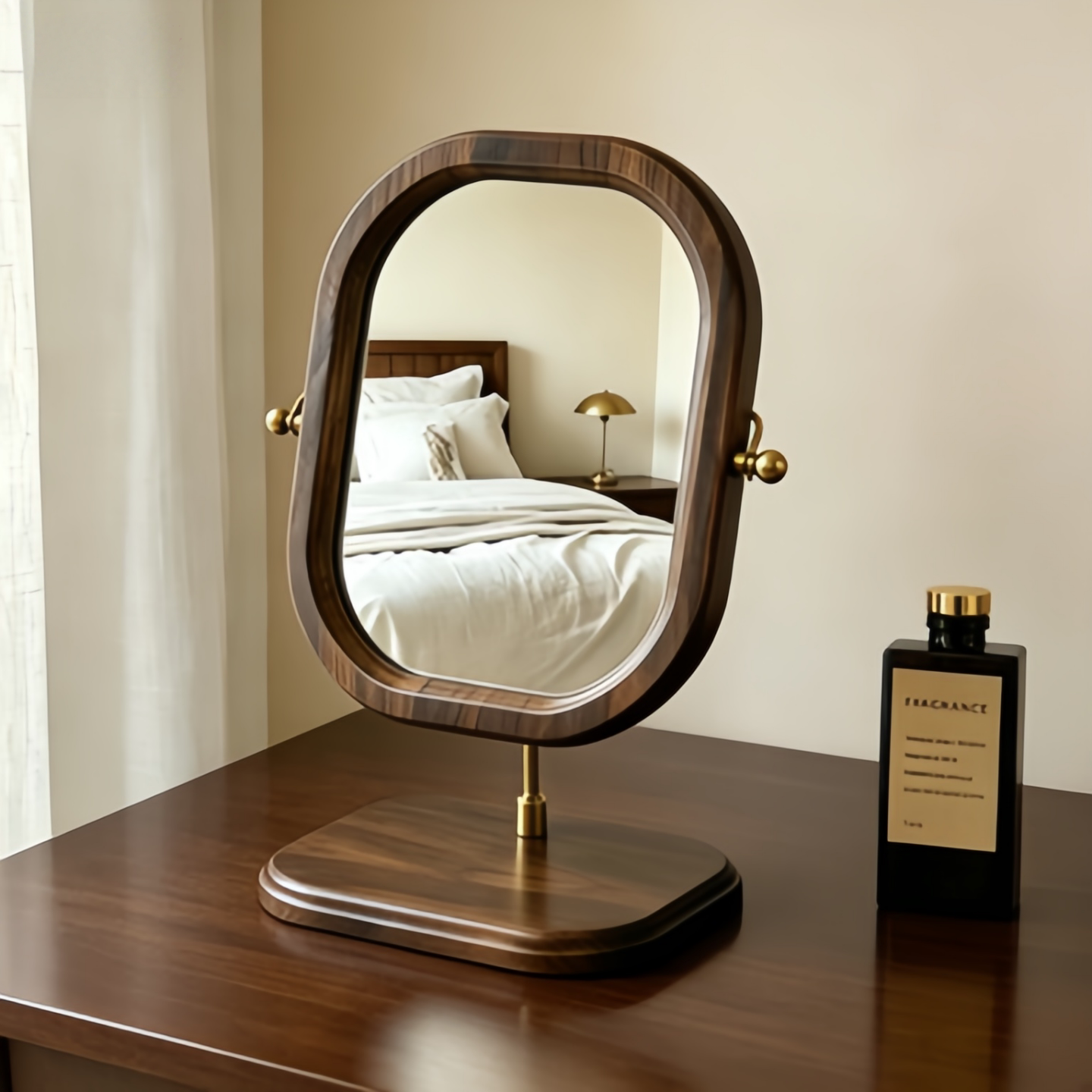 复古风实木化妆镜桌面梳妆台镜方形双球头可旋转宿舍办公桌镜子