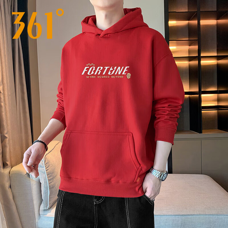 361度连帽卫衣男2026春季新年红色上衣男士休闲帽衫运动服外套