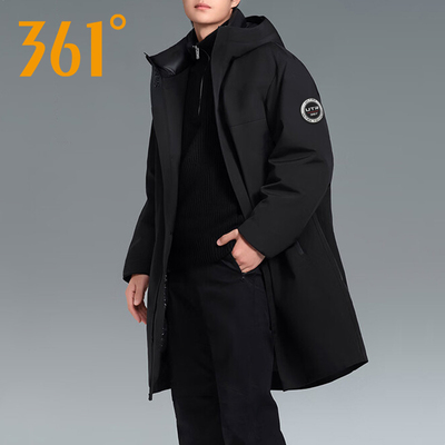 361度男装连帽中长款羽绒服男士冬季加厚保暖宽松鸭绒运动外套男