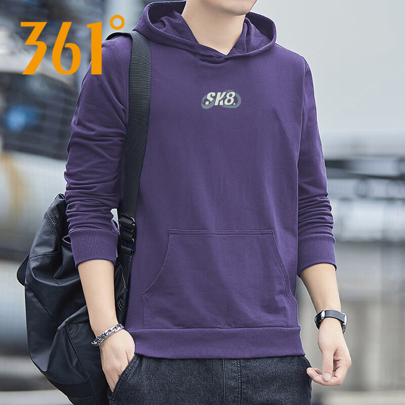 361度紫色连帽卫衣男款2026春季新款休闲套头衫男士简约运动上衣