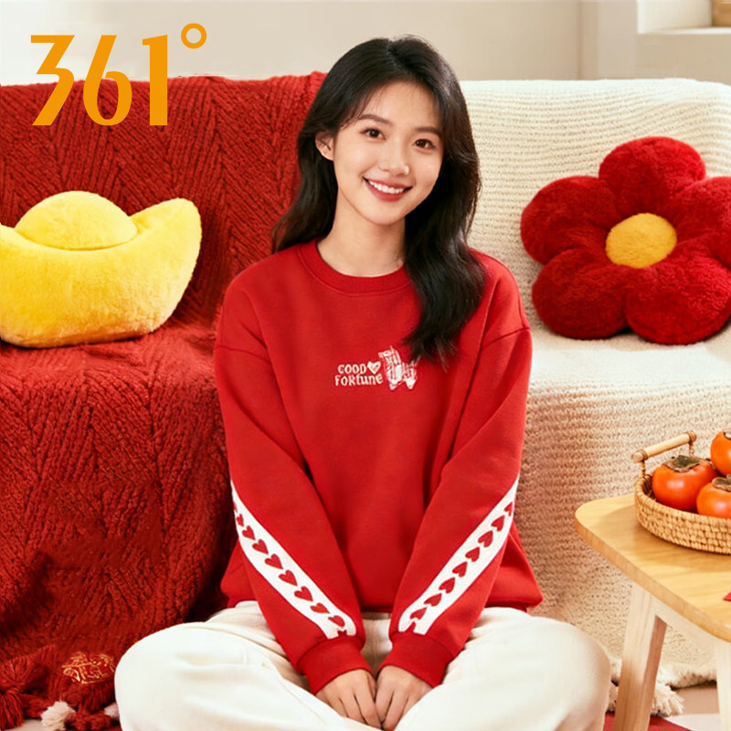 361度马年红色卫衣女2026秋季新款圆领长袖套头衫针织运动上衣女