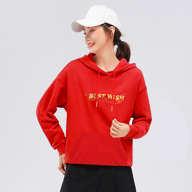 361度连帽红色卫衣女2026春季新款宽松针织上衣女休闲运动套头衫