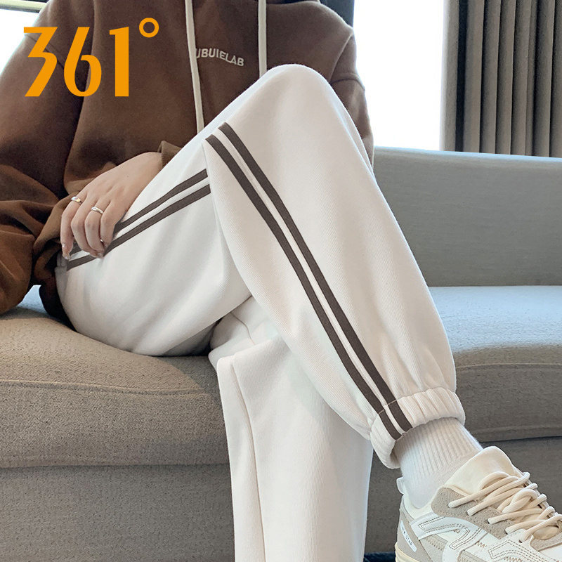 361度两条杠白色运动裤女2026春季新款针织束脚长裤女休闲卫裤子