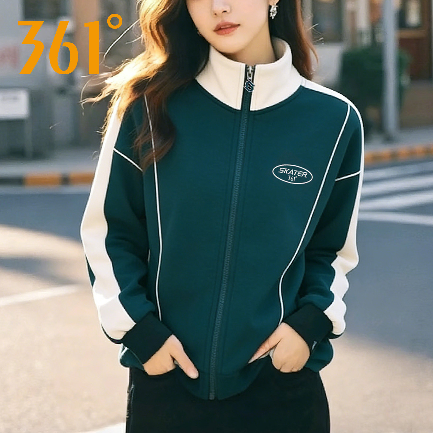 361度针织外套女士2026春季新款潮流撞色休闲立领卫衣运动夹克衫