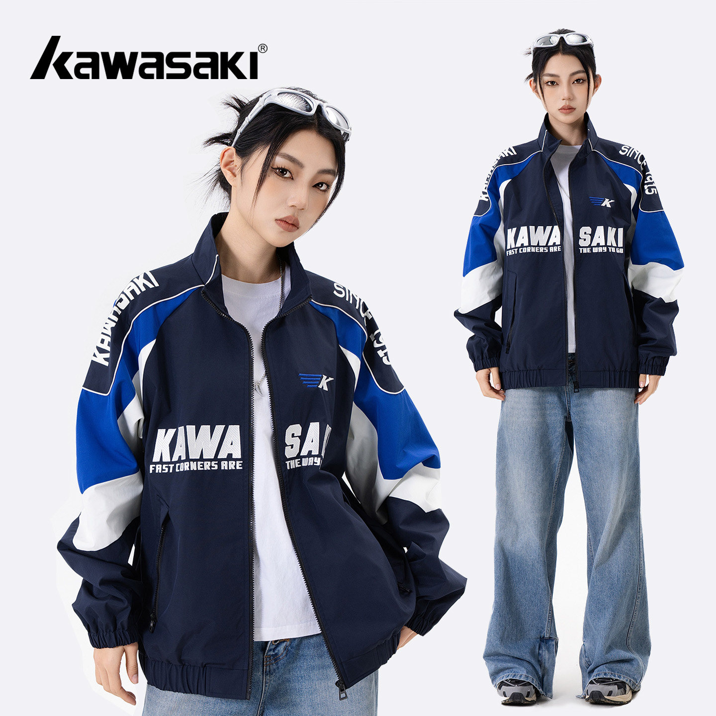 Kawasaki川崎美式复古高街刺绣拼接撞色户外运动防风机车赛车夹克