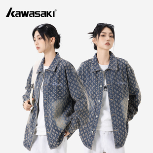 牛仔衬衫 kawasaki川崎美式 街头提花水洗做旧艺术签名刺绣logo开衫