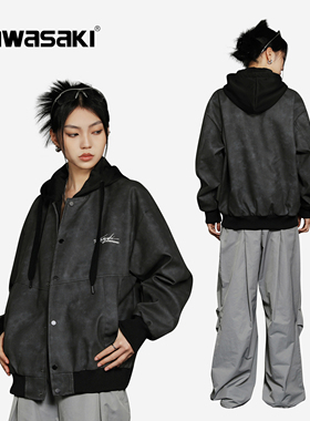 Kawasaki川崎松休闲拼接撞色防风假两件连帽飞行教练夹克男女同款