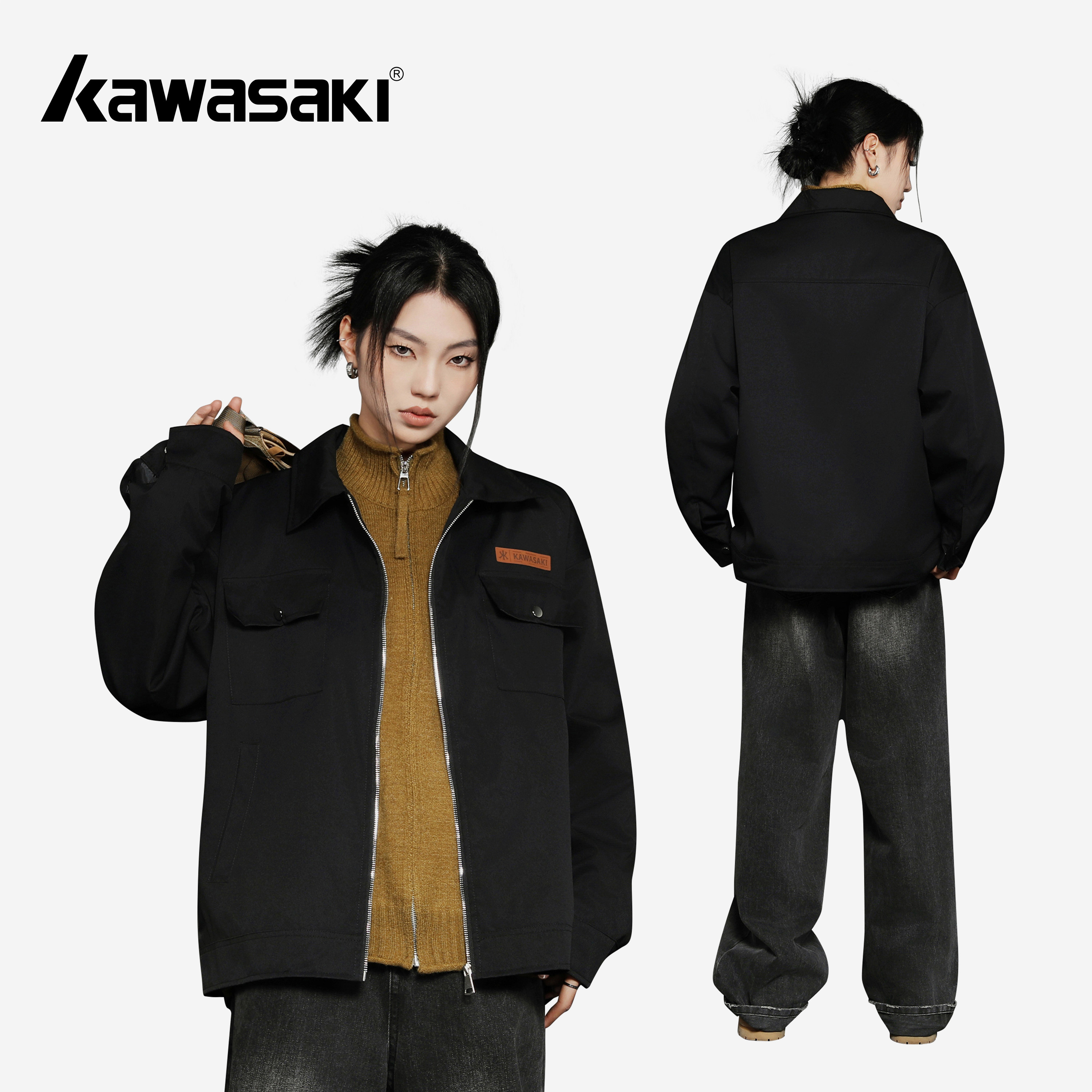 Kawasaki川崎 美式高街复古多口袋翻领宽松百搭夹克外套 男女同款,男装,夹克,淘宝优惠券,粉丝福利购,淘宝优惠卷