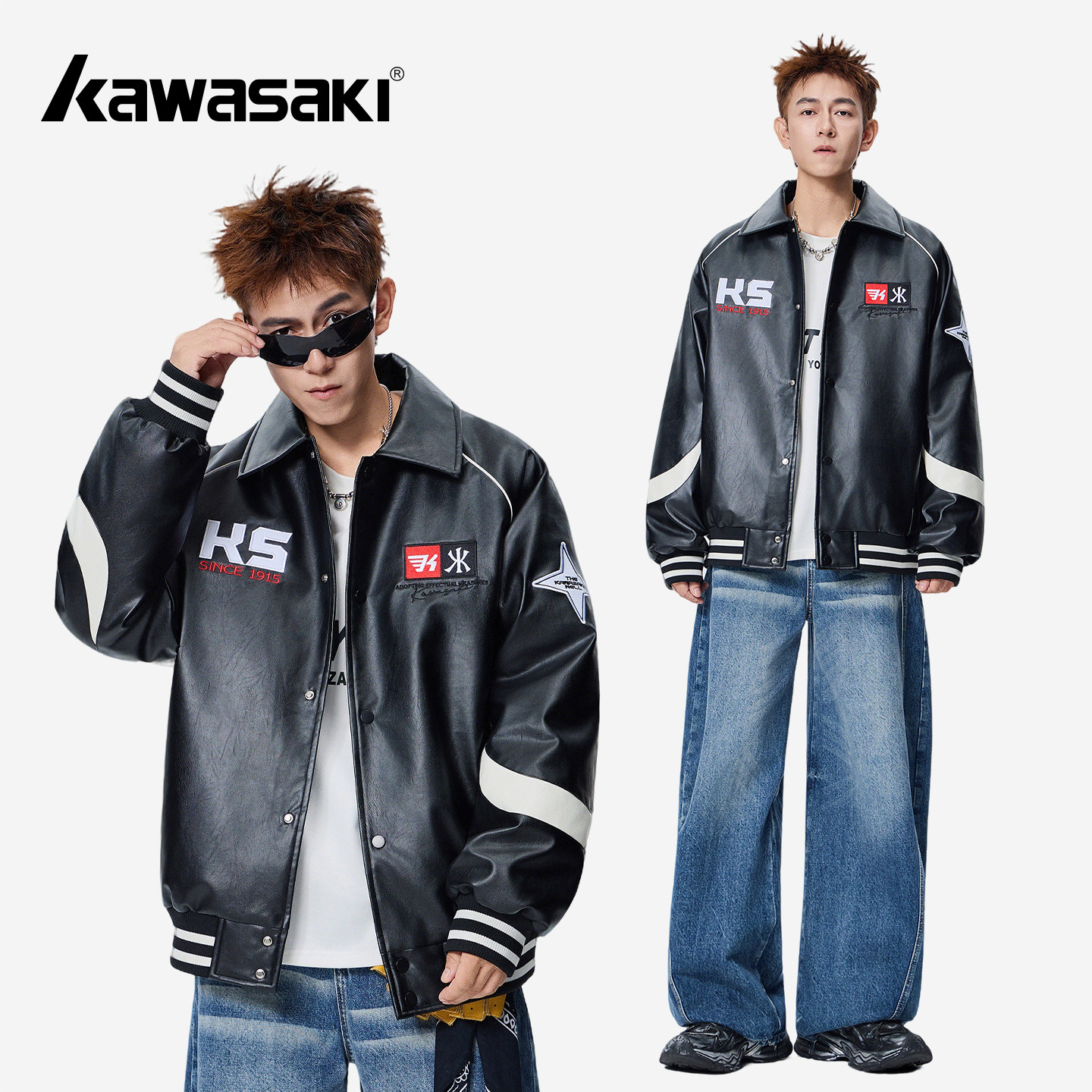 Kawasaki 川崎 90鸭绒机车风刺绣字母防风保暖PU皮赛车翻领羽绒服