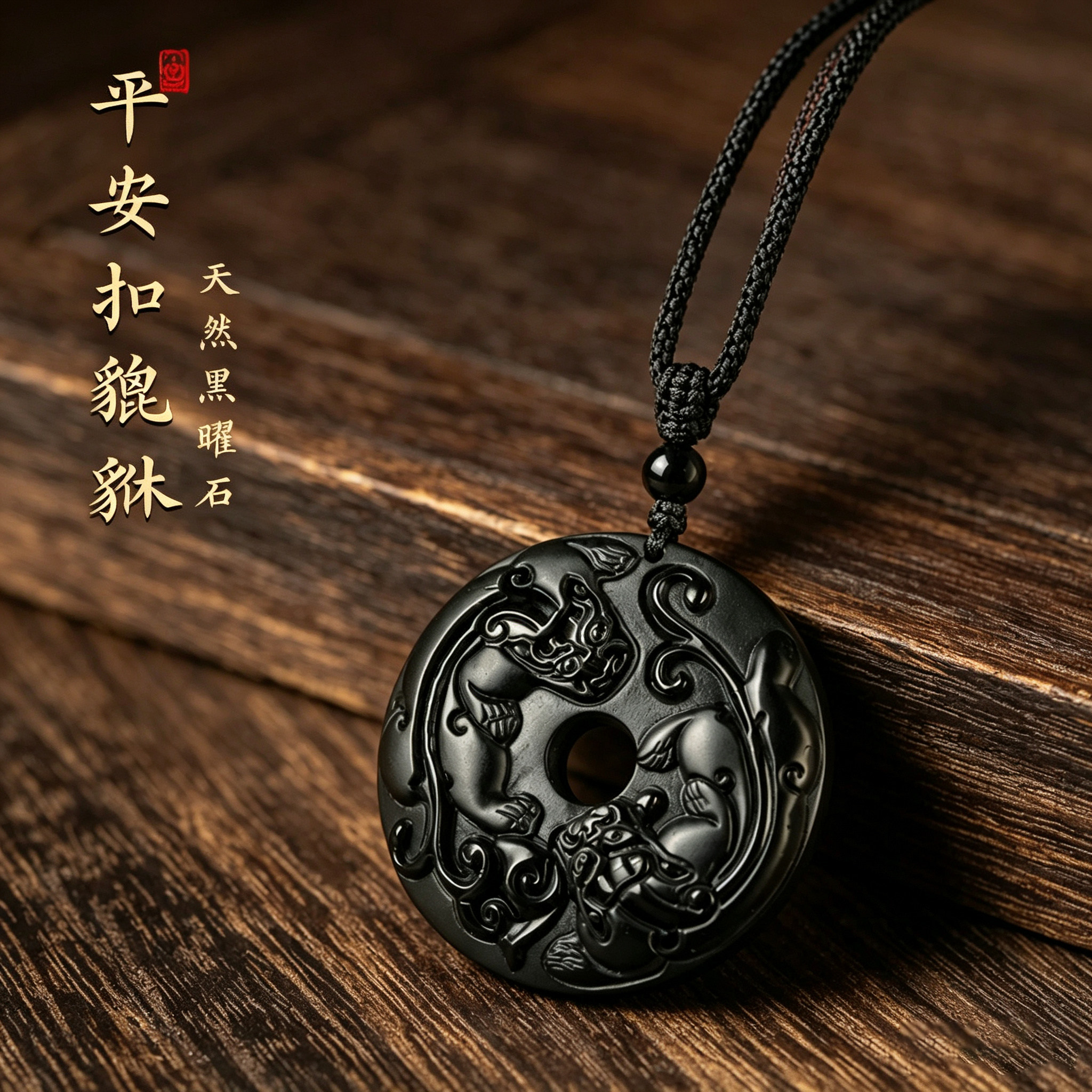 天然黑曜石貔貅招财平安扣项链