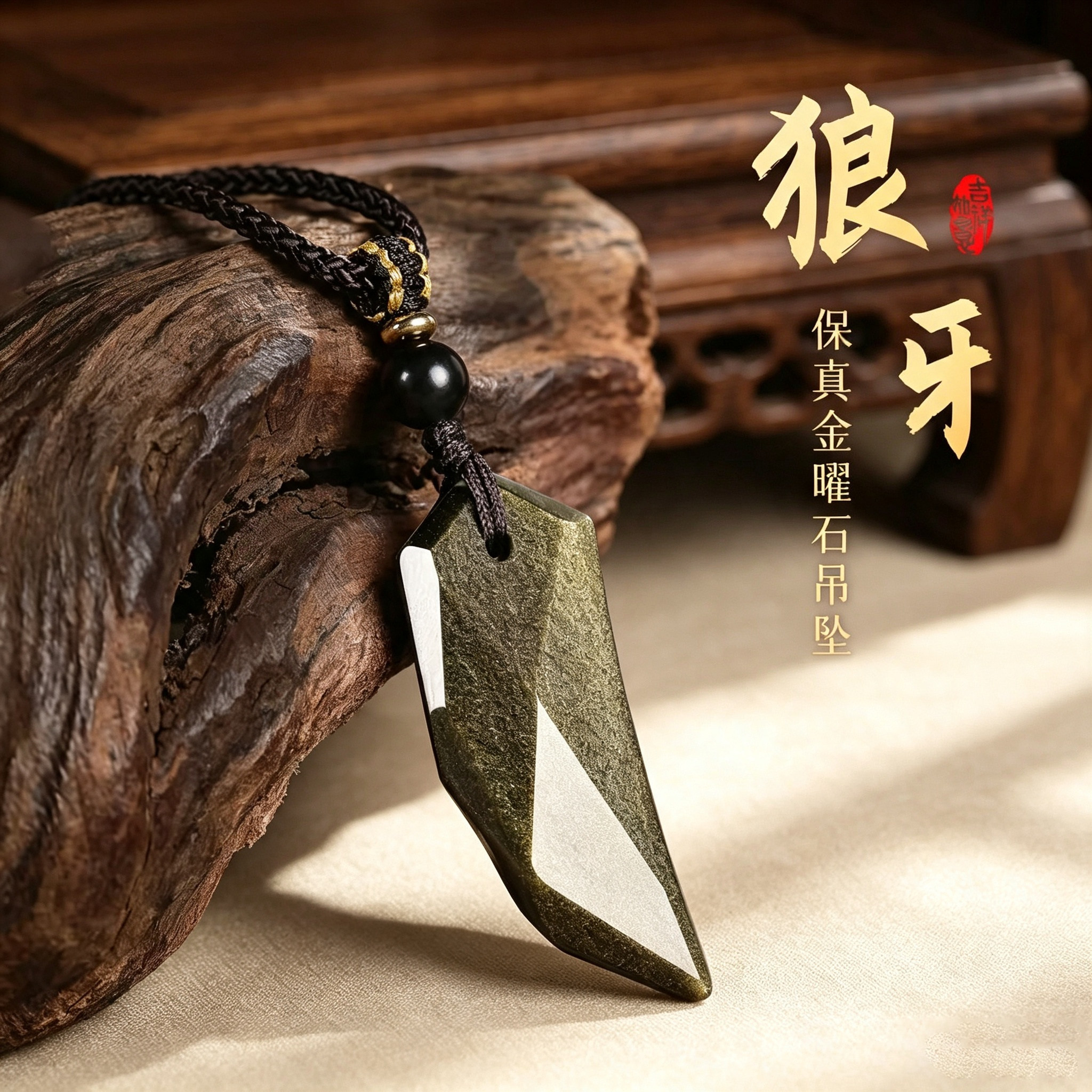 黑曜石狼牙本命年转运吊坠男士