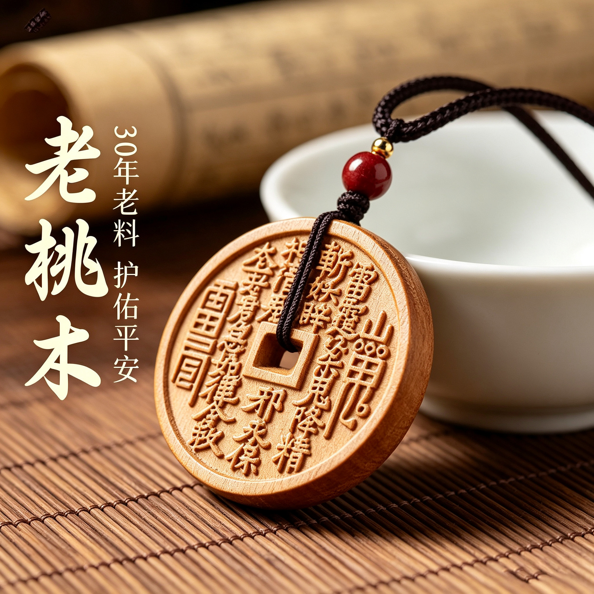 老桃木山鬼花钱本命年转运吊坠