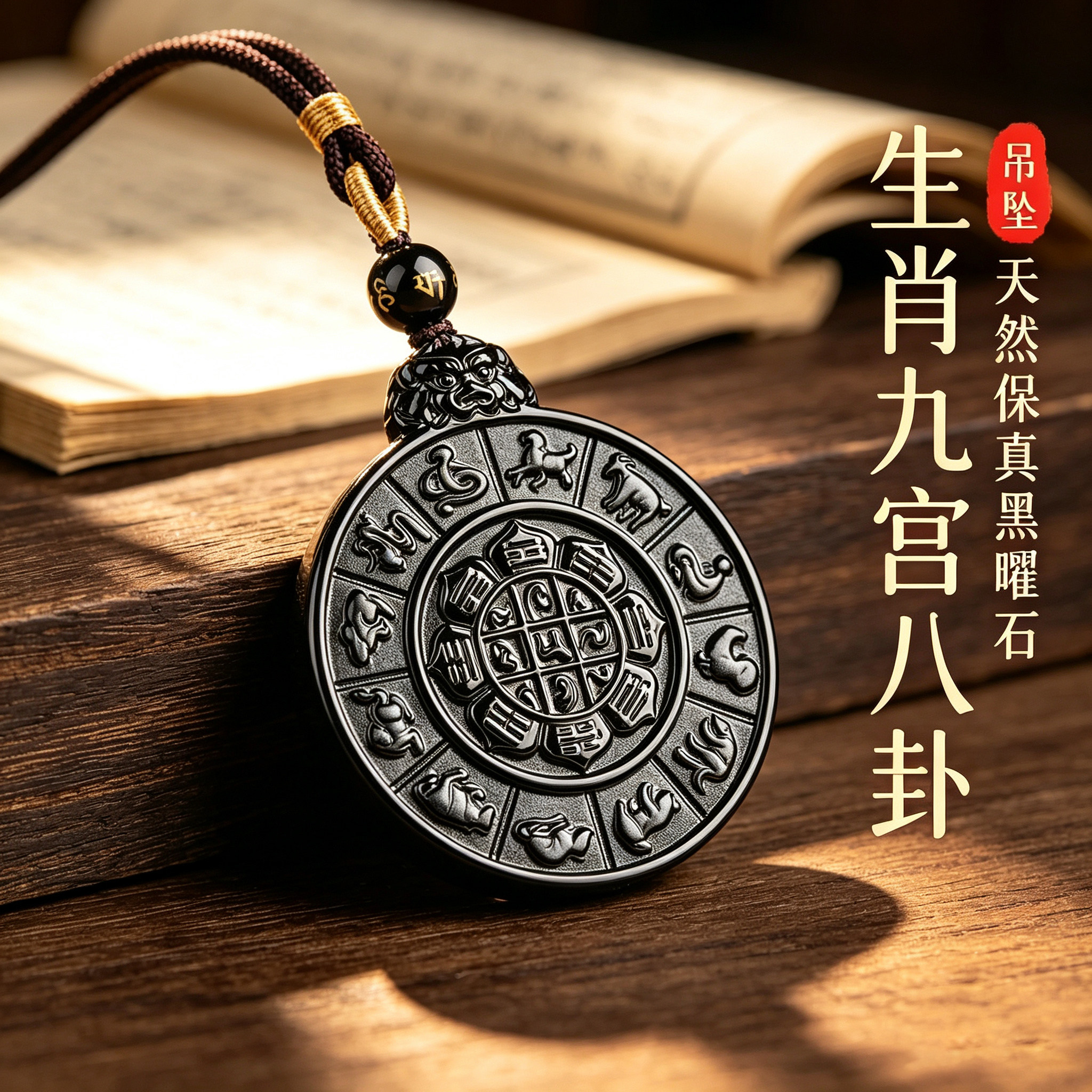 天然黑曜石生肖九宫八卦护身吊坠