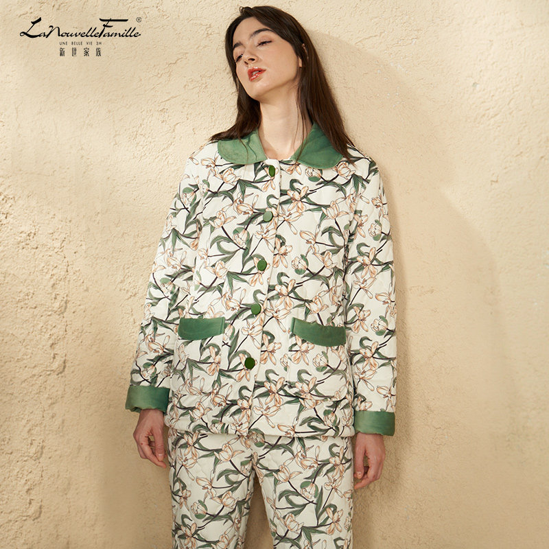 新世家族三层夹棉加厚睡衣女冬季新款外穿休闲大码保暖家居服套装
