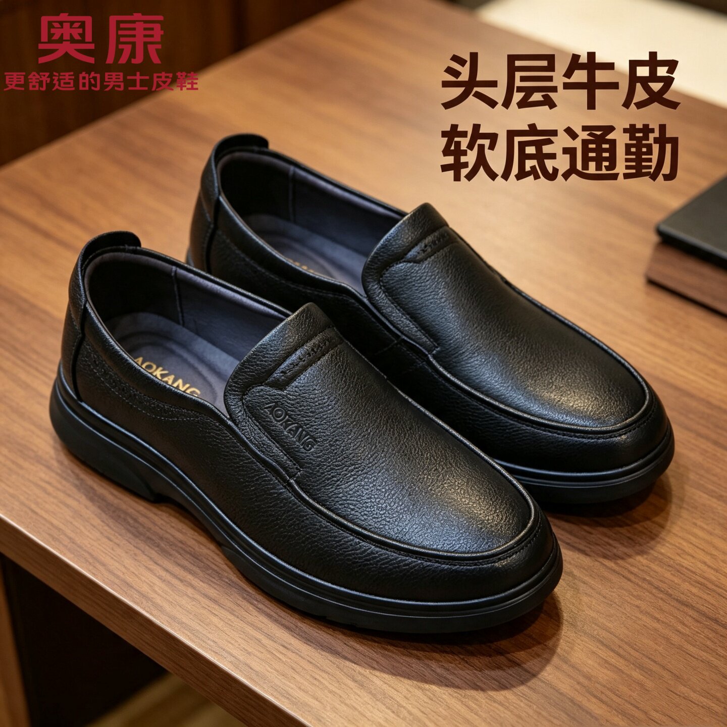 奥康皮鞋男真皮软底舒适上班男士通勤休闲商务黑色厚底一脚蹬男鞋