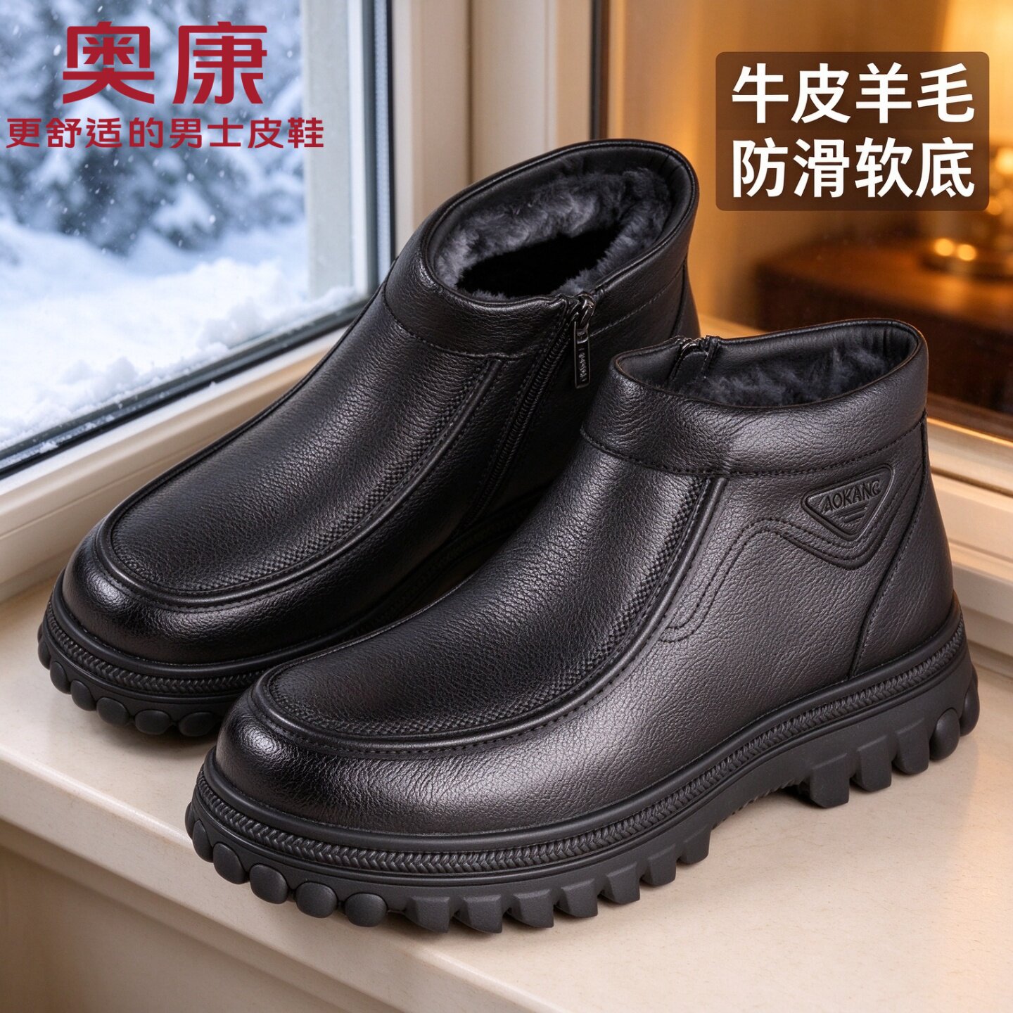 奥康男士真皮加绒防滑棉鞋