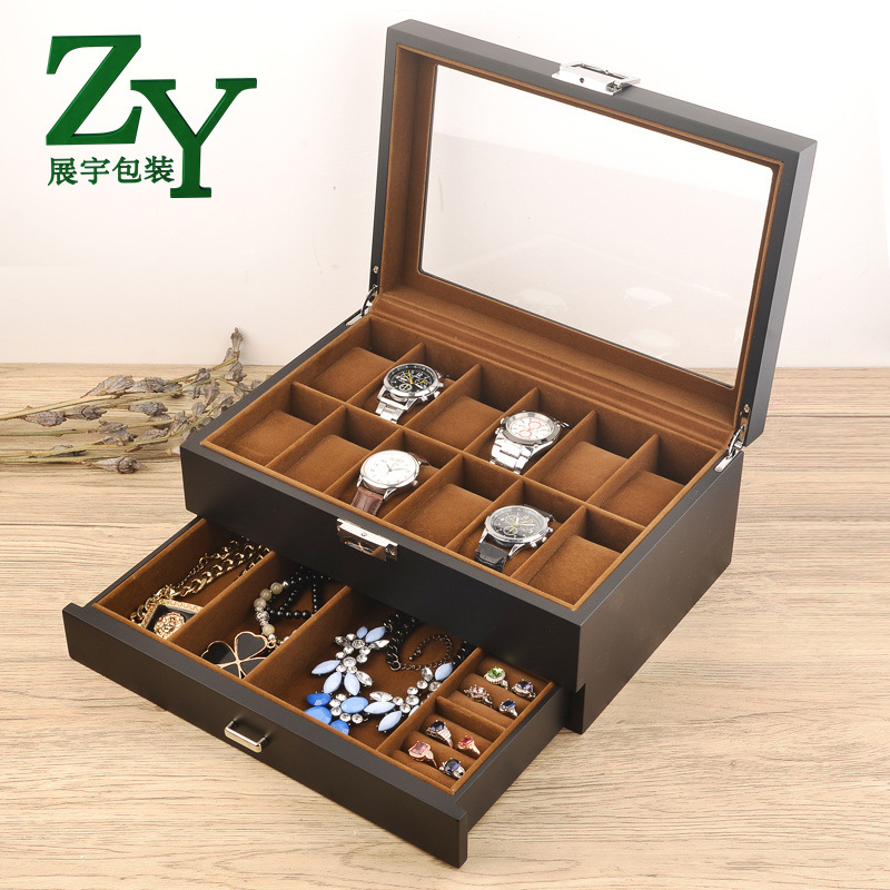 跨境热销新款天窗哑光烤漆双层首饰盒木质12位手表珠宝收纳展示