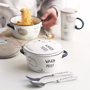 精选可爱猫咪陶瓷泡面碗杯子套装日式餐具带盖双耳吃饭碗家用大号