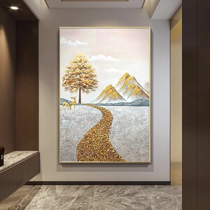 手绘现代轻奢大芬村油画村客厅玄关装饰画迎财金鹿寓意好沙发挂画