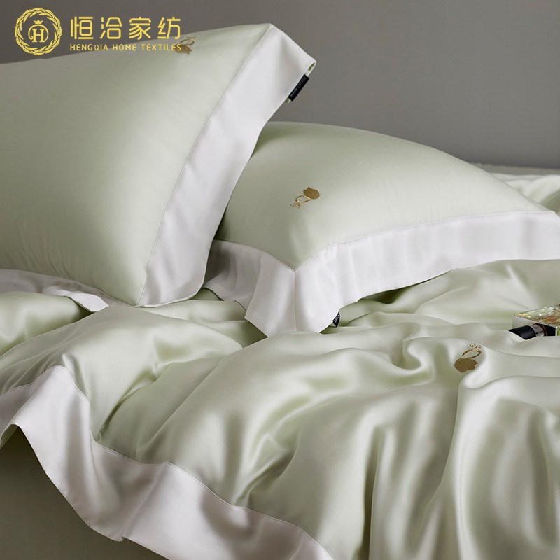 夏季英伦高端超细旦莱赛尔四件套丝滑透气天鹅刺绣被套床品绿蓝色