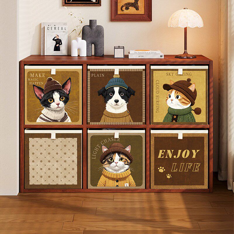 精选猫咪收纳箱卡通可爱布艺收纳筐卡莱克格子柜收纳盒衣物收纳盒