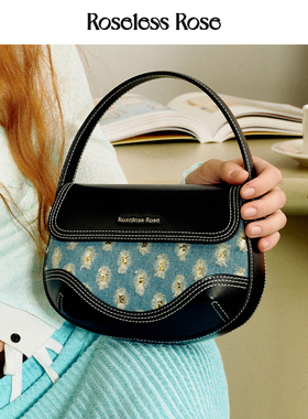 RoselessRose牛皮小众通勤包包拼接复古单肩斜挎马鞍包高级手提包