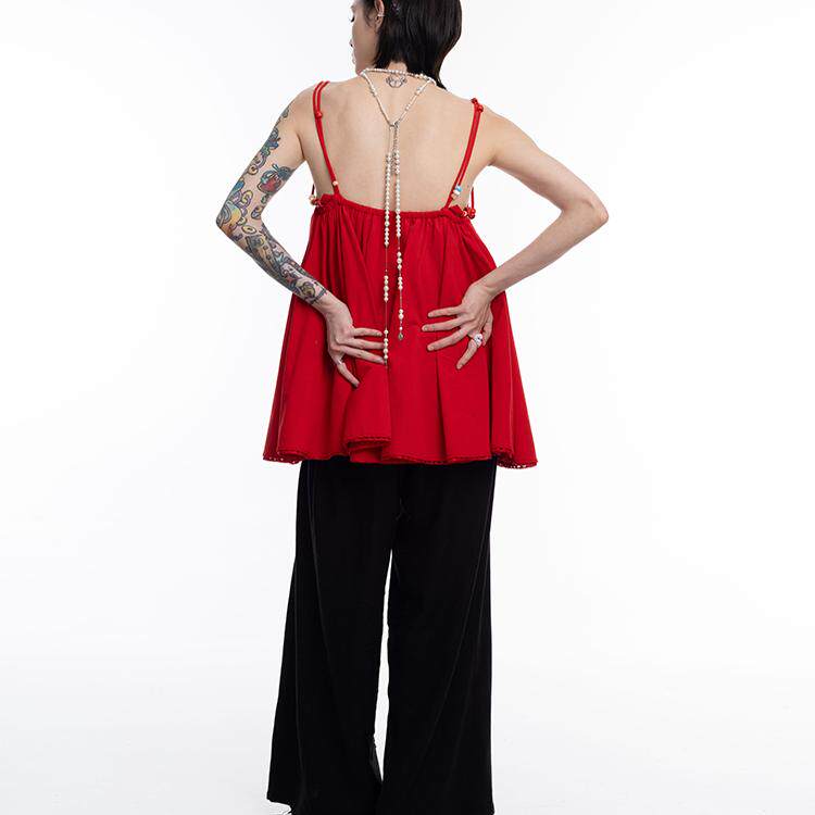 yiiks studio吊带度假出游红色大裙摆串珠肩带露背海边春夏旅游