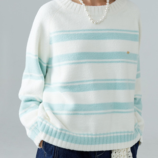 YIIKS冬日蓝白条纹圆领毛衣显白薄荷蓝仿驼绒毛衣亲肤保暖百搭
