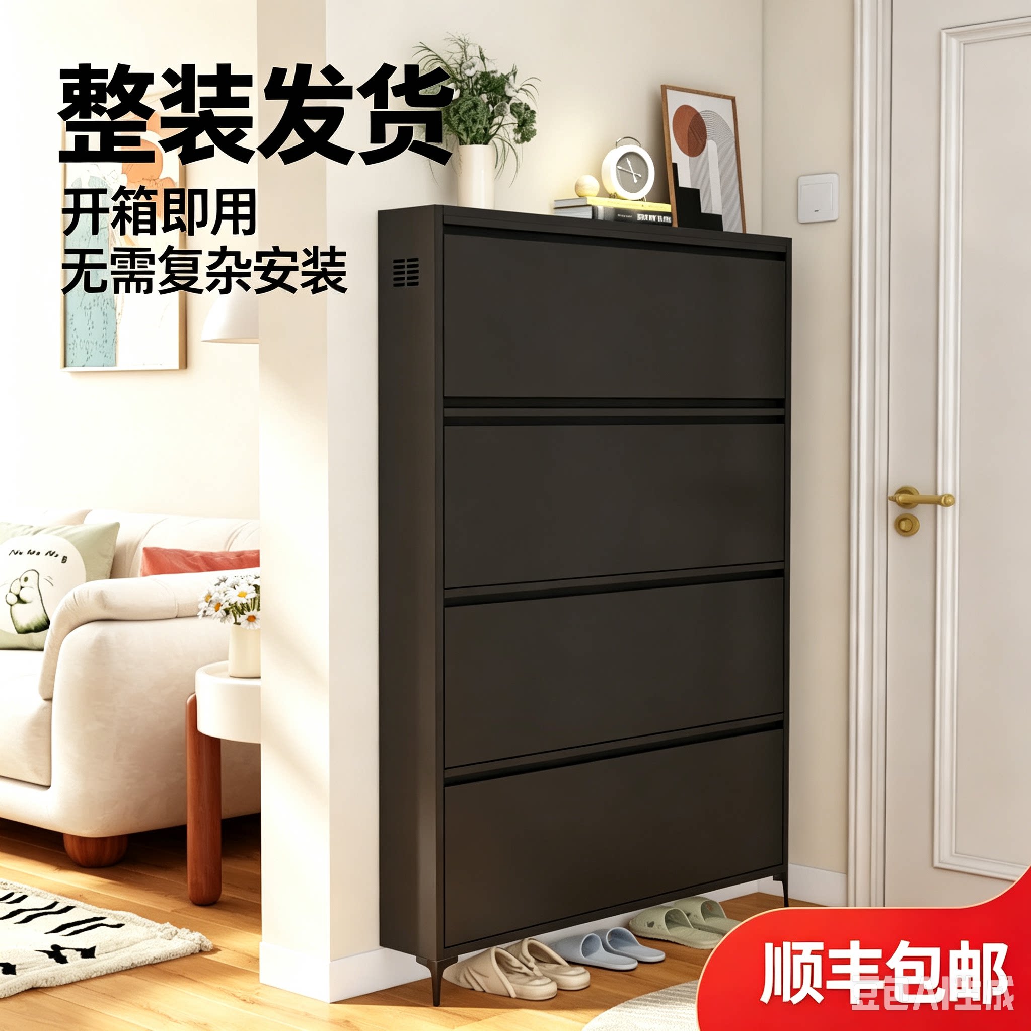 黑色钢制翻斗鞋柜入户玄关大容量