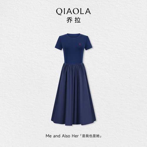 乔拉【时光织语】春夏季圆领刺绣收腰显瘦气质短袖A字连衣裙女