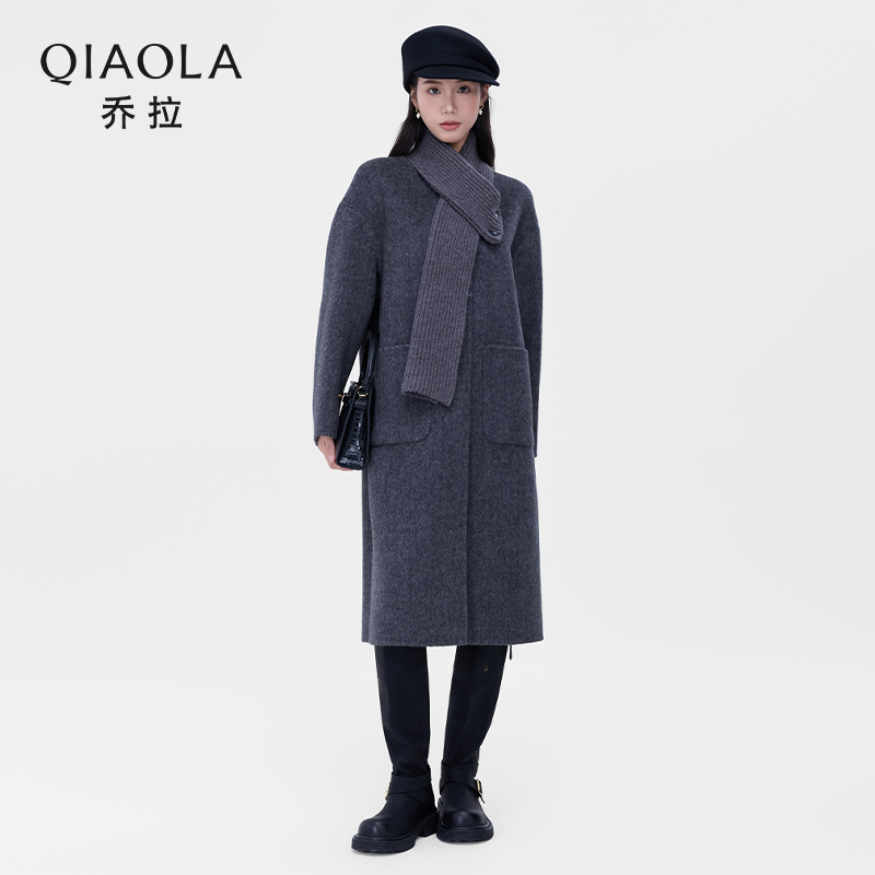 乔拉灰色双面呢长款围巾大衣外套