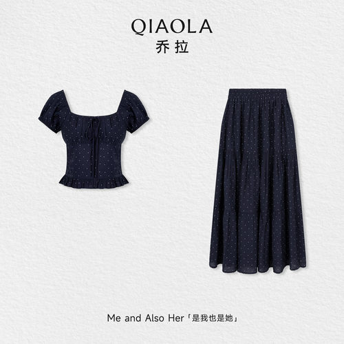 乔拉【星夜微光】夏季波点方领泡泡袖设计显瘦百搭时尚套装女