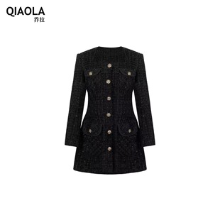 新款 秋冬季 小香风编制连衣裙女单排扣收腰短裙子 黑金派对 乔拉