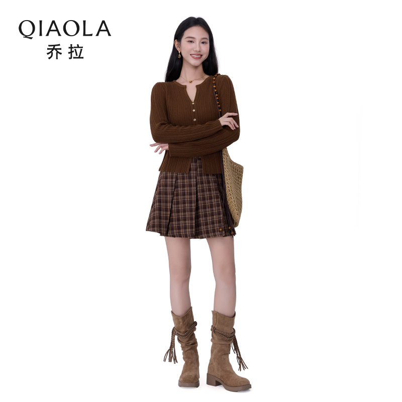 乔拉开衫上衣格纹半身裙套装女