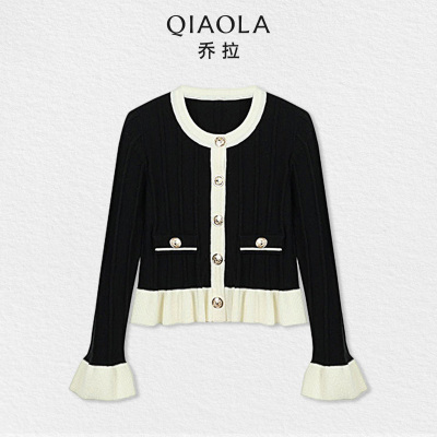 乔拉木耳边撞色圆领针织衫女