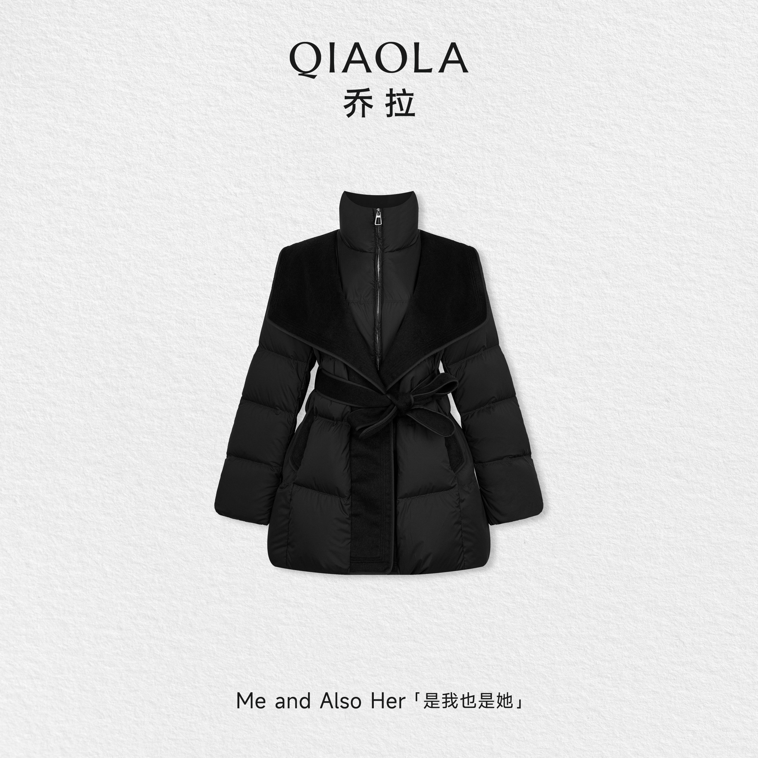 乔拉黑色翻领拼接羽绒服外套女