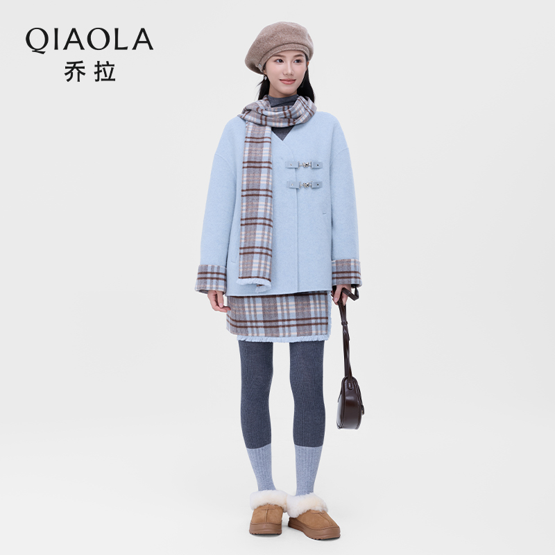 乔拉【韩剧女主】秋冬新款复古学院风蓝色格纹围巾外套裙子套装女