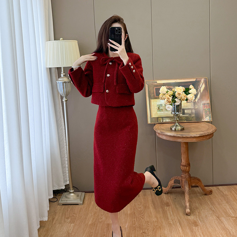 实拍2025秋冬新年红色小香风毛呢上衣显瘦气质半身裙两件套女套装,女装/女士精品,时尚套装,淘宝优惠券,粉丝福利购,淘宝优惠卷