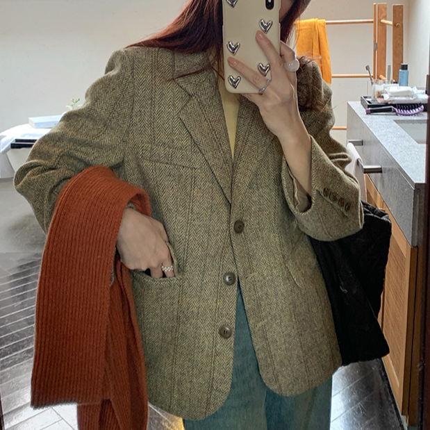 韩版复古人字纹暗格呢含羊毛廓形厚西装呢子保暖外套女显瘦小个子