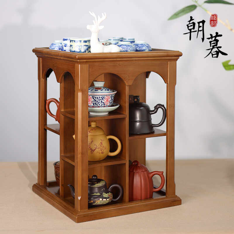 玲珑阁旋转收纳架精品竹制壶架杯架展示架茶道茶壶中式纯手工