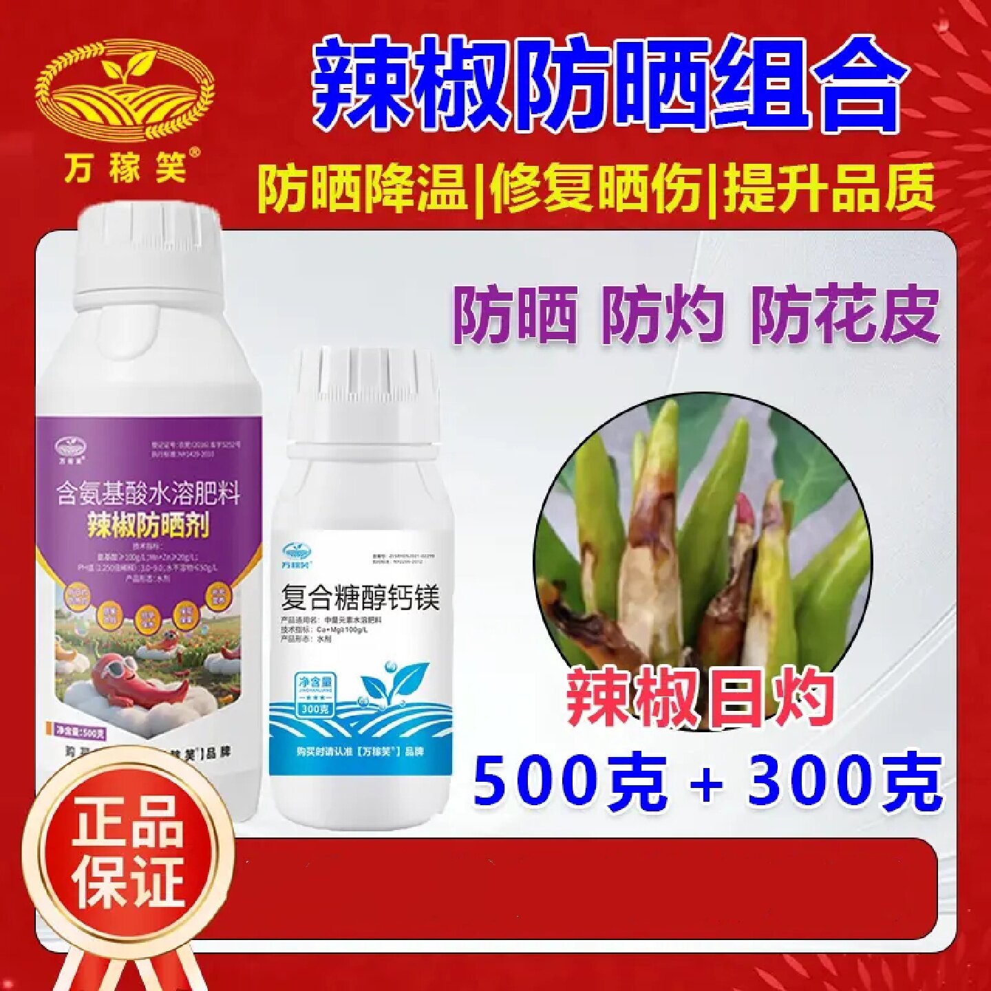 万稼笑辣椒防晒组合防日灼防晒伤抗高温防白皮提升辣椒品质叶面肥