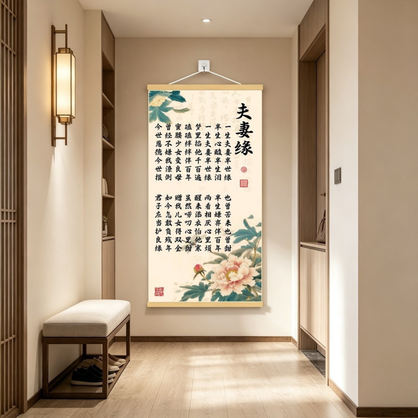 夫妻缘挂画新中式牡丹书法卷轴字画客厅卧室玄关装饰画夫妻壁画