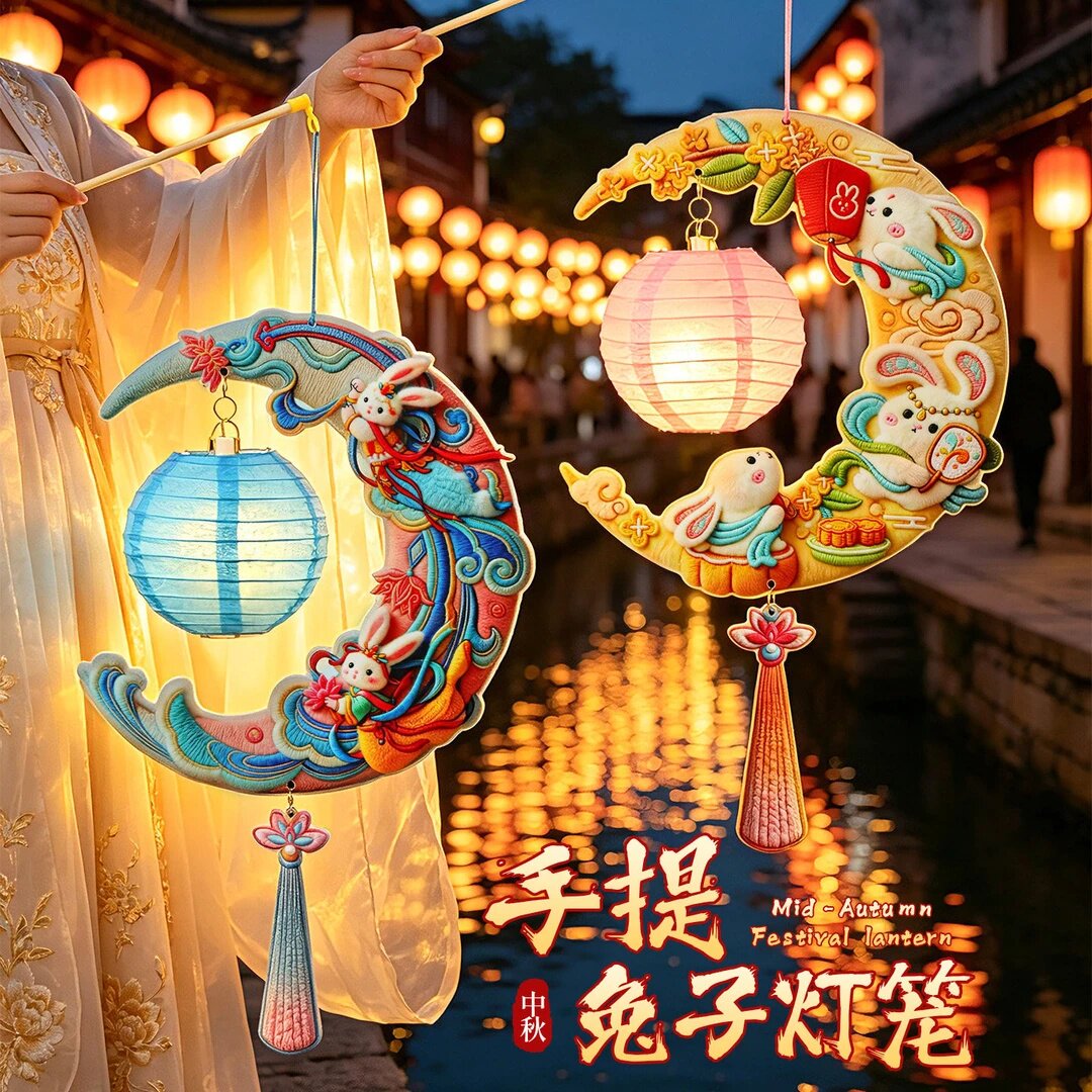 中秋节灯笼挂饰手工diy材料包2026新款儿童手提兔子花灯月亮宫灯