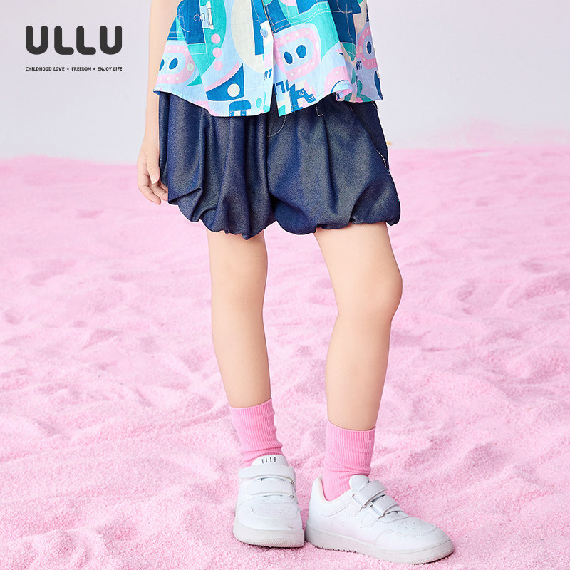 优露童装女童短裤ULLU25夏款百搭清凉网球绣花可爱灯笼裤牛仔短裤