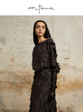 Cortana Epica羽毛效果真丝上衣黑色2024冬季新款