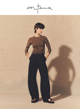 Cortana亚麻混纺休闲裤黑色线缝装饰高腰阔腿裤长裤秋CHIARA系列